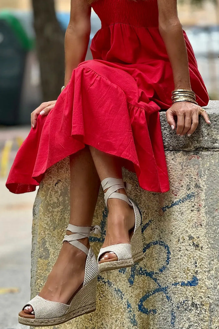 V Neck Flutter Sleeve Smocked Bodice High Waist Ruffle Maxi Dress - Dresses/Maxi Dresses