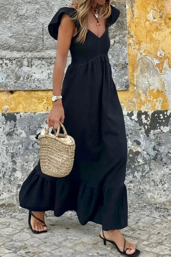 V Neck Flutter Sleeve Smocked Bodice High Waist Ruffle Maxi Dress - Black / S / 100% Cotton - Dresses/Maxi Dresses