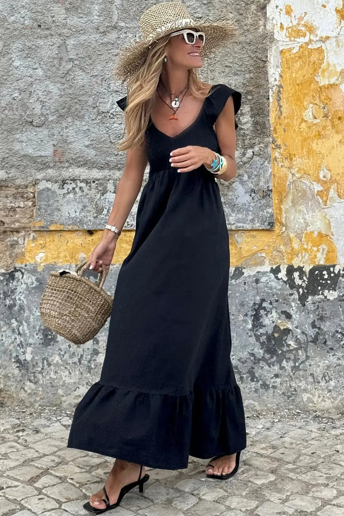 V Neck Flutter Sleeve Smocked Bodice High Waist Ruffle Maxi Dress - Dresses/Maxi Dresses