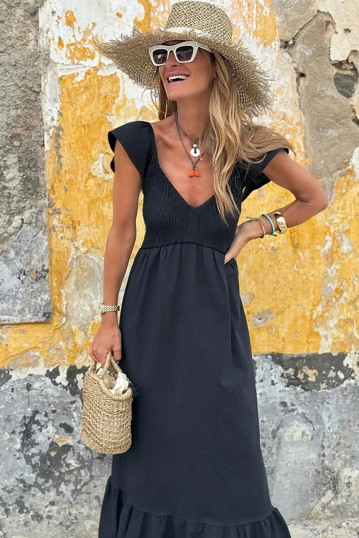 V Neck Flutter Sleeve Smocked Bodice High Waist Ruffle Maxi Dress - Dresses/Maxi Dresses