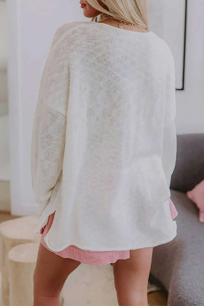 V Neck Lightweight Knit BEACH SIDE Shift Tunic Sweater – White