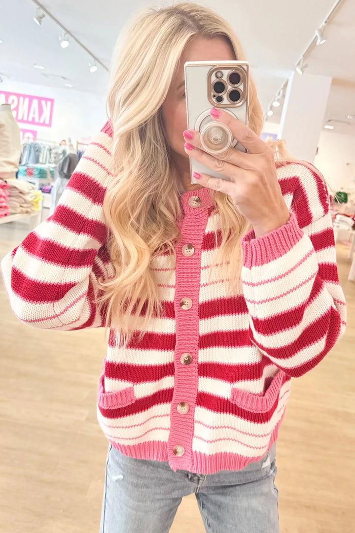 V Neck Long Sleeve Regular Fit Cardigan – Red Stripe
