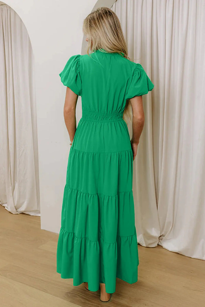 V-Neck Short Puff Sleeve Tiered Maxi Dress
