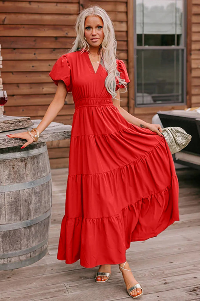 V-Neck Short Puff Sleeve Tiered Maxi Dress