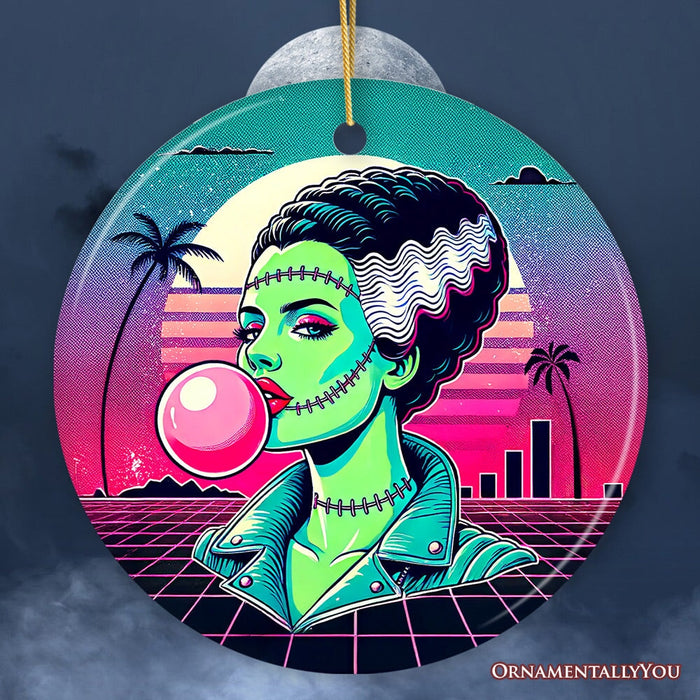 Vaperwave Mrs Frankenstein Retro Neon Horror Ornament, Synthwave 80's Styled Classic Halloween Gift and Decor Ceramic Ornament OrnamentallyYou Circle
