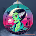 Vaperwave Mrs Frankenstein Retro Neon Horror Ornament, Synthwave 80's Styled Classic Halloween Gift and Decor Ceramic Ornament OrnamentallyYou Circle