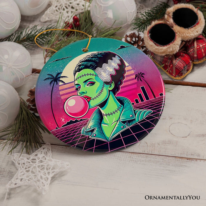 Vaperwave Mrs Frankenstein Retro Neon Horror Ornament, Synthwave 80's Styled Classic Halloween Gift and Decor Ceramic Ornament OrnamentallyYou