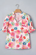 Vibrant Summer Floral Tie V-Neck Short Puff Sleeve Blouse
