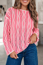 Wavy Detail Hollow Out Knit Long Sleeve Cotton Pullover Sweater – Pink