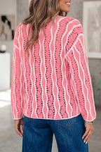 Wavy Detail Hollow Out Knit Long Sleeve Cotton Pullover Sweater – Pink