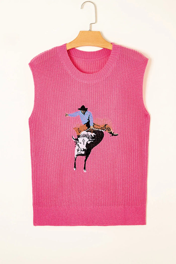 Western Cowboy Embroidery Round Neck Sleeveless Sweater - Bright Pink / S / 100% Acrylic - Sweaters & Cardigans/Sweater