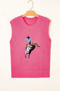 Western Cowboy Embroidery Round Neck Sleeveless Sweater - Bright Pink / S / 100% Acrylic - Sweaters & Cardigans/Sweater