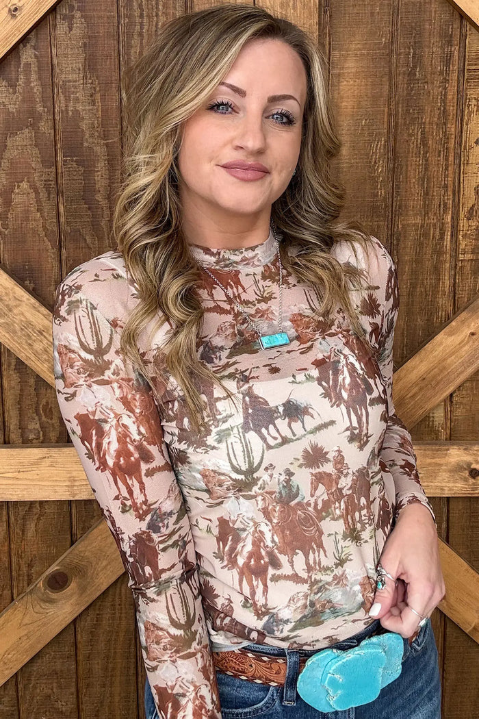 Western Cowboy Floral Print Sheer Mesh Long Sleeve Top – Beige