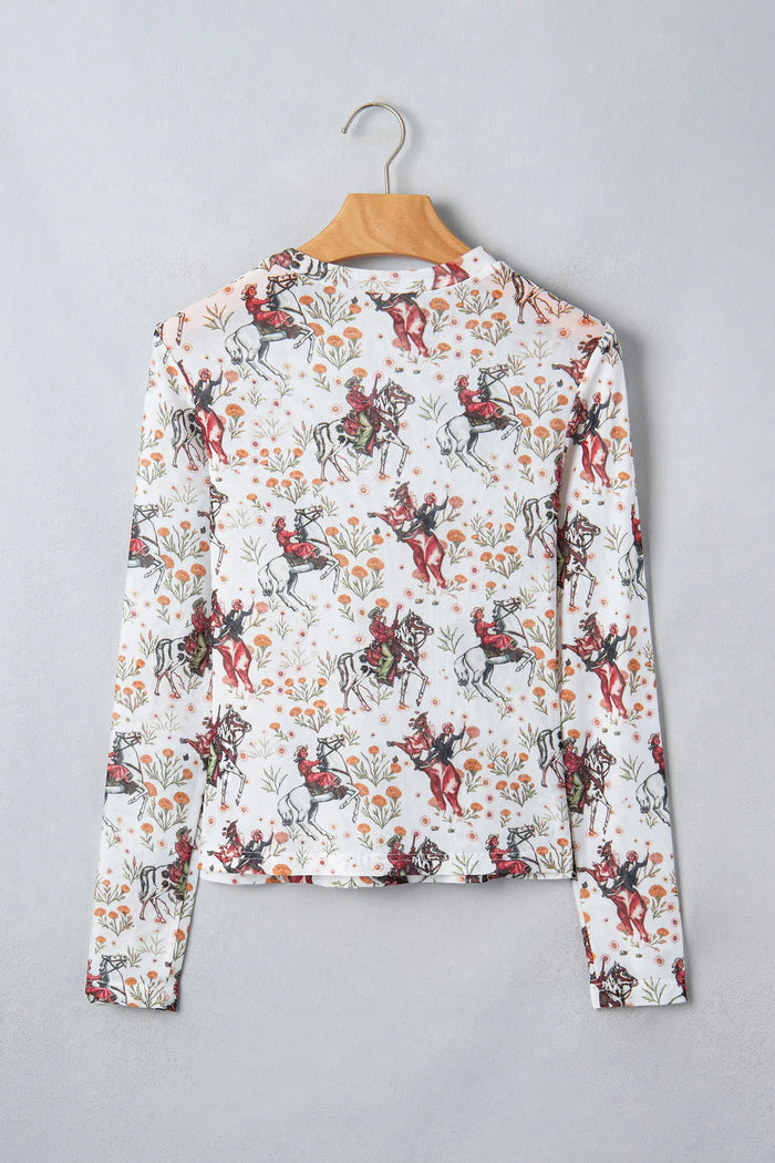Western Cowboy Floral Print Sheer Mesh Long Sleeve Top – Beige
