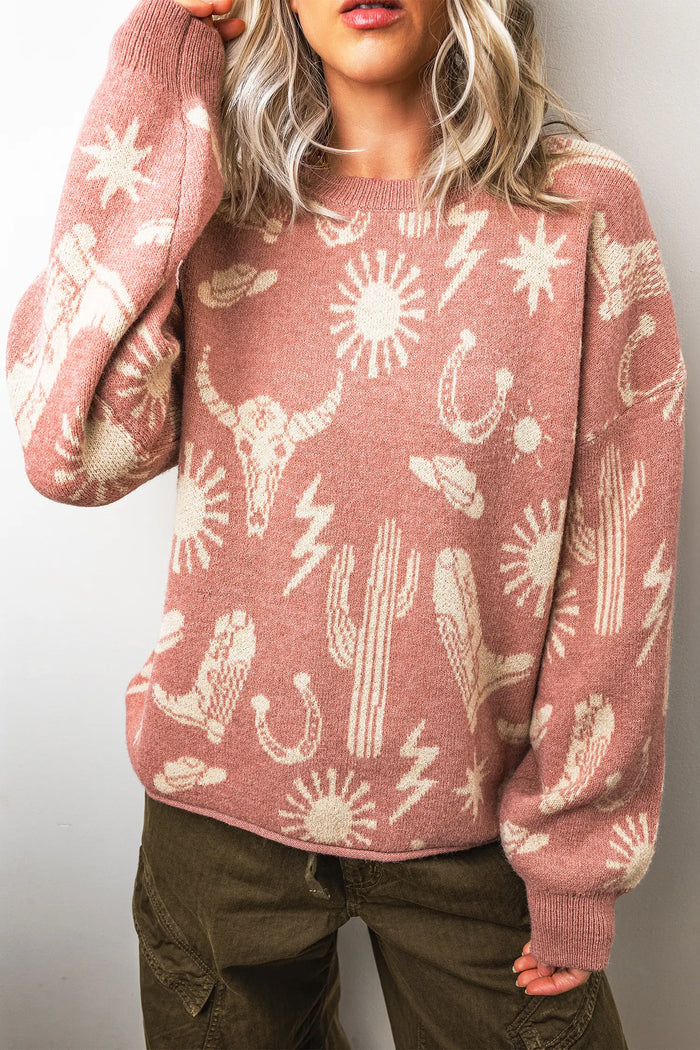 Western Print Drop Shoulder Round Neck Long Sleeve Sweater – Peach Blossom