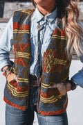 Western Print Faux Fur Metal Zipper Insert Pockets Sleeveless Vest – Multicolour