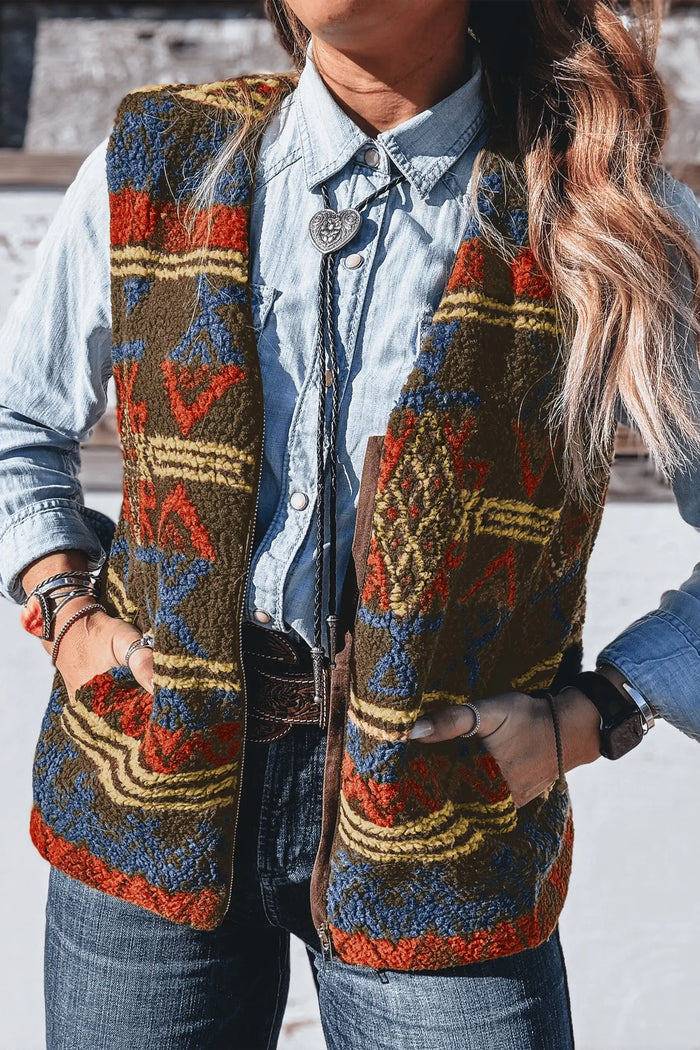 Western Print Faux Fur Metal Zipper Insert Pockets Sleeveless Vest – Multicolour