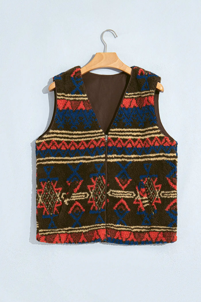 Western Print Faux Fur Metal Zipper Insert Pockets Sleeveless Vest – Multicolour