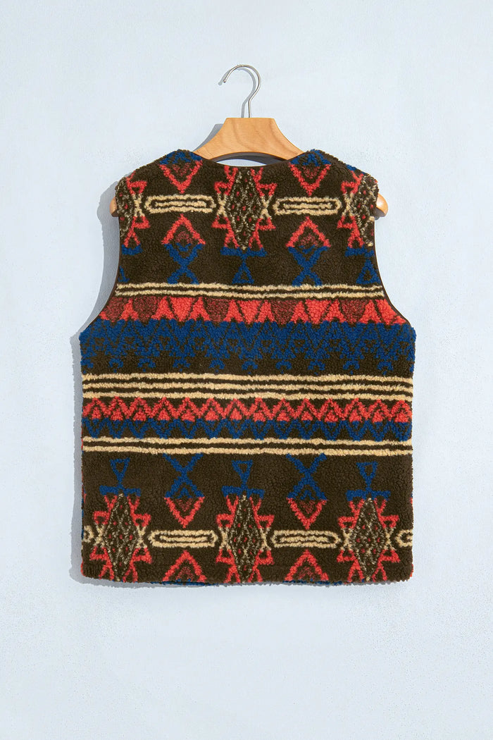 Western Print Faux Fur Metal Zipper Insert Pockets Sleeveless Vest – Multicolour