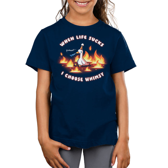 Premium Cotton T-shirt_TeeTurtle navy When Life Sucks I Choose Whimsy Premium Cotton T-shirt featuring a goose with a party hat and a noisemaker sitting surrounded by fire. The text reads "When Life Sucks I choose Whimsy" with "pweeeet" as the sound of the noisemaker.