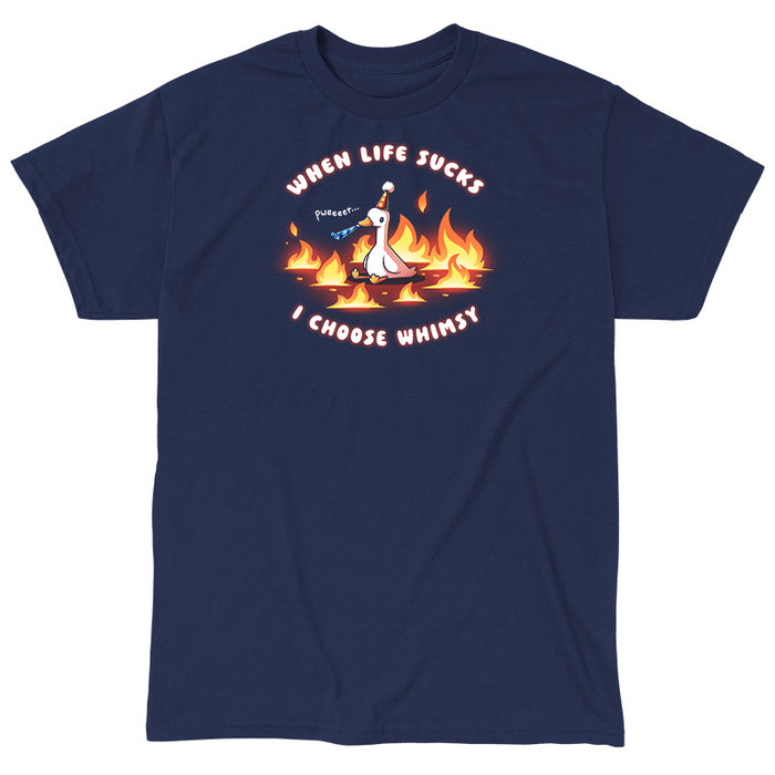 Classic Cotton T-shirt_TeeTurtle navy When Life Sucks I Choose Whimsy Classic Cotton T-shirt featuring a goose with a party hat and a noisemaker sitting surrounded by fire. The text reads "When Life Sucks I choose Whimsy" with "pweeeet" as the sound of the noisemaker.