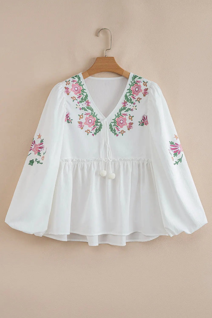 White Flower Lace-up V-Neck Babydoll Blouse - Tops/Blouses & Shirts