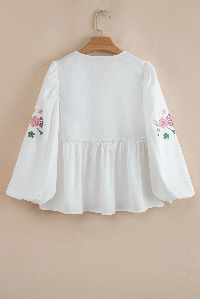 White Flower Lace-up V-Neck Babydoll Blouse - Tops/Blouses & Shirts