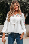 White Flower Lace-up V-Neck Babydoll Blouse - S - Tops/Blouses & Shirts