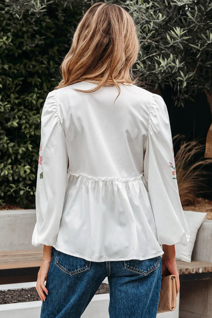 White Flower Lace-up V-Neck Babydoll Blouse - Tops/Blouses & Shirts
