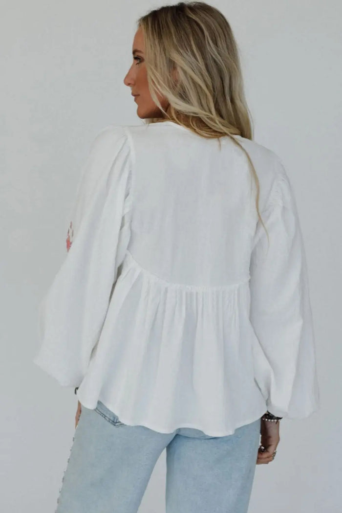 White Flower Lace-up V-Neck Babydoll Blouse - Tops/Blouses & Shirts