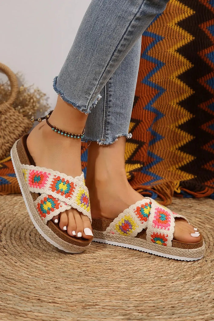 White Geometric Woven Crisscross Strap Platform Sandals - Shoes/Sandals