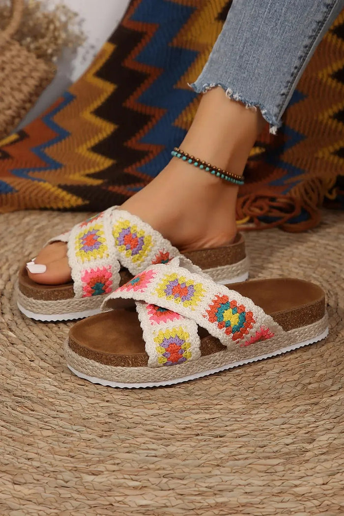 White Geometric Woven Crisscross Strap Platform Sandals - Shoes/Sandals