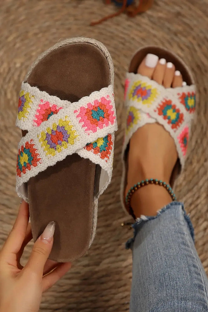 White Geometric Woven Crisscross Strap Platform Sandals - Shoes/Sandals