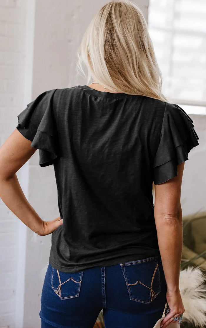 White Layered Ruffle Short Sleeve Round Neck Top - Tops/Tops & Tees