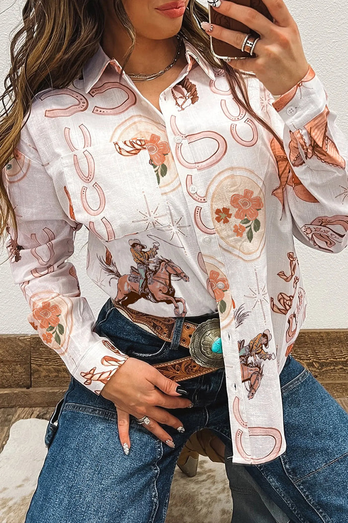 White Rodeo Cowgirl Print Western Button up Shirt - S - Tops/Blouses & Shirts