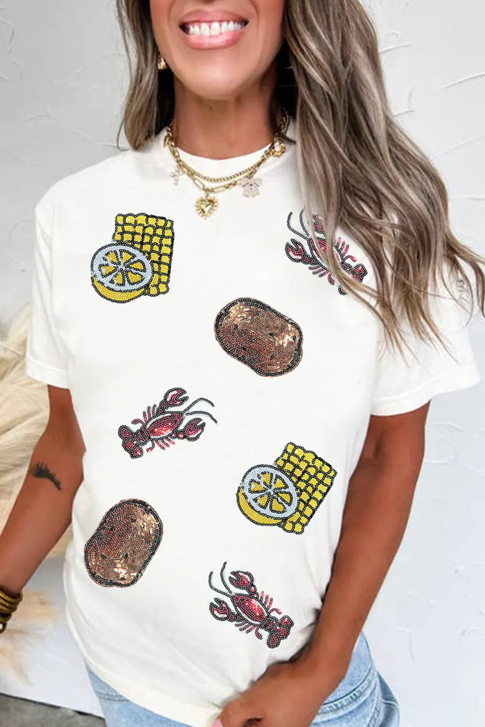 White Sequin Crawfish Potato Lemon Corn Graphic Crewneck T Shirt - S / 62% Polyester + 32% Cotton + 6% Elastane