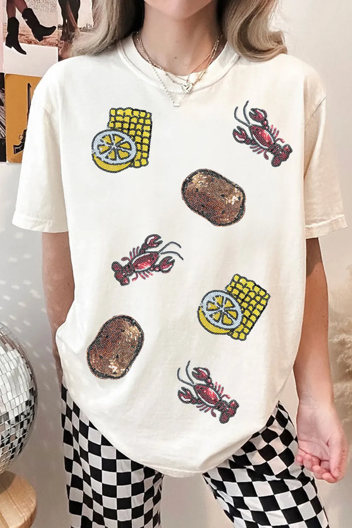 White Sequin Crawfish Potato Lemon Corn Graphic Crewneck T Shirt - Graphic/Graphic Tees