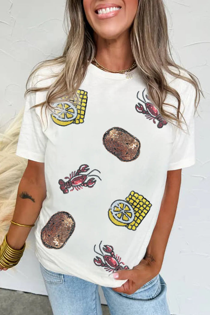 White Sequin Crawfish Potato Lemon Corn Graphic Crewneck T Shirt - Graphic/Graphic Tees