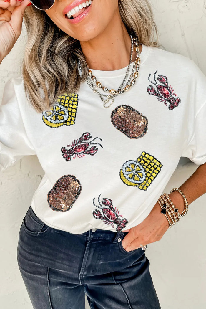 White Sequin Crawfish Potato Lemon Corn Graphic Crewneck T Shirt - Graphic/Graphic Tees