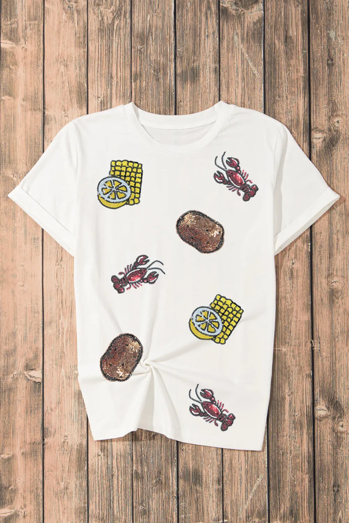 White Sequin Crawfish Potato Lemon Corn Graphic Crewneck T Shirt - Graphic/Graphic Tees