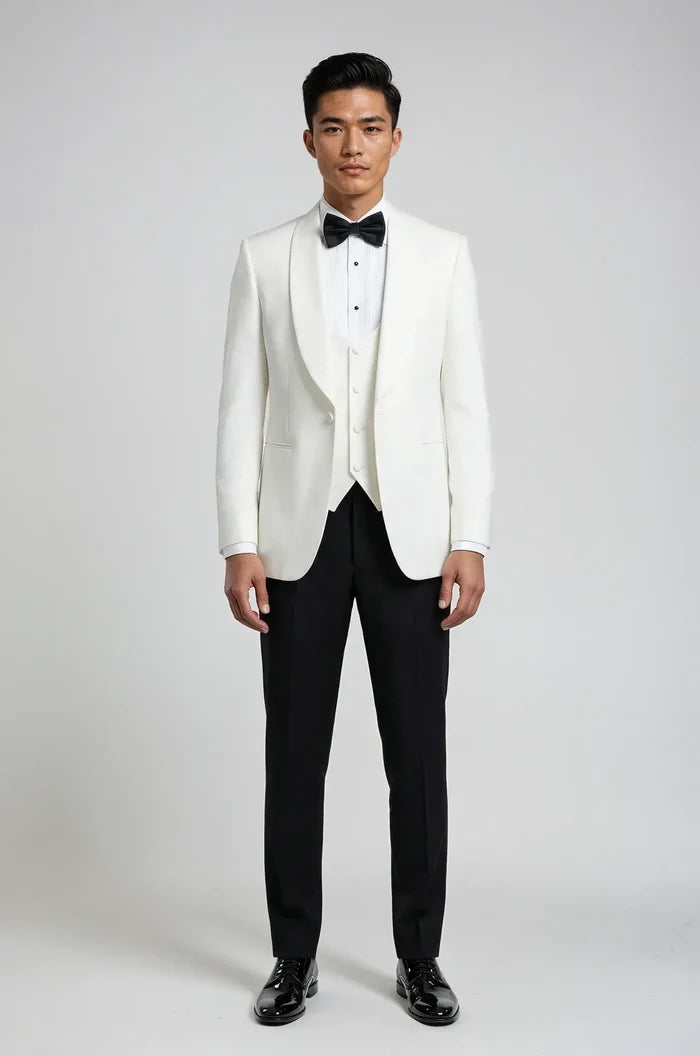 White Shawl Lapel 3-Piece Tuxedo – a refined white ensemble featuring a bespoke tailored shawl lapel blazer, matching waistcoat, and trousers, crafted for a sharp, elegant silhouette and timeless black-tie sophistication.