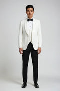 White Shawl Lapel 3-Piece Tuxedo – a refined white ensemble featuring a bespoke tailored shawl lapel blazer, matching waistcoat, and trousers, crafted for a sharp, elegant silhouette and timeless black-tie sophistication.
