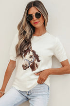 White Wild West Horse Head Print Short Sleeve Sweater