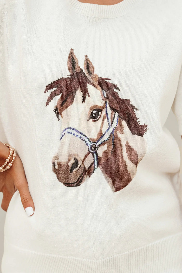 White Wild West Horse Head Print Short Sleeve Sweater