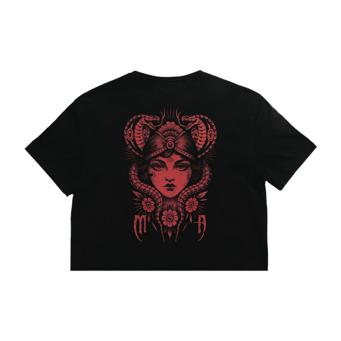 Melrose Avenue black crop tee made from 100% combed cotton, showcasing a bold red graphic of a woman's face in a horned helmet with flowers and ornate patterns on the back. Premium ASColour 4062 quality.