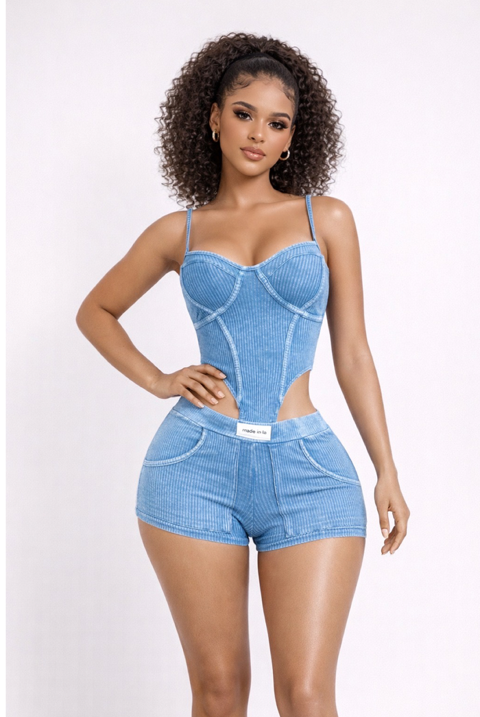 Women Ribbed Cotton Corset Style Bodysuit Short Set - Cuttin' Up
