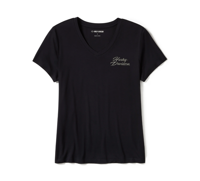 Women's Rose & Thorn Bling V Neck Tee - Harley Black