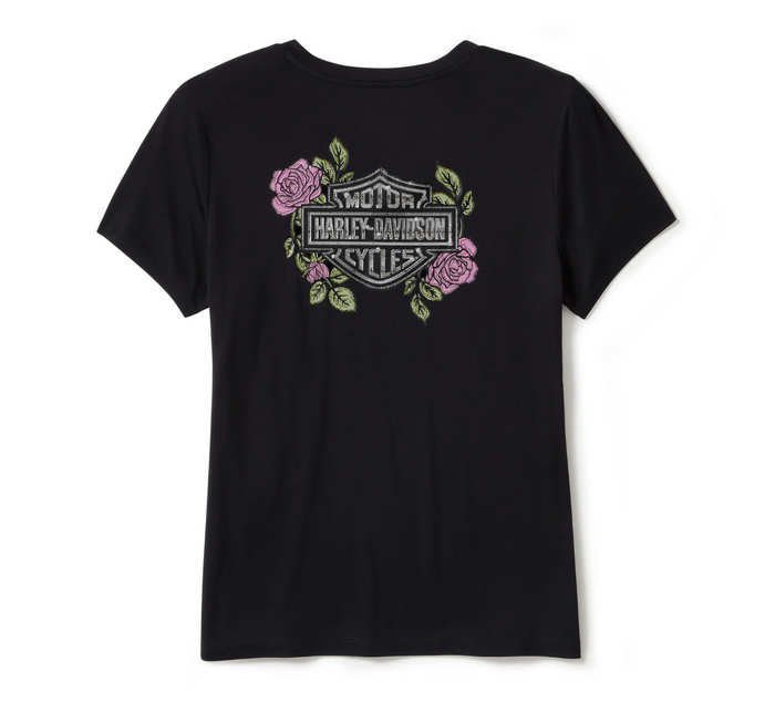 Women's Rose & Thorn Bling V Neck Tee - Harley Black