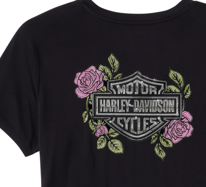 Women's Rose & Thorn Bling V Neck Tee - Harley Black
