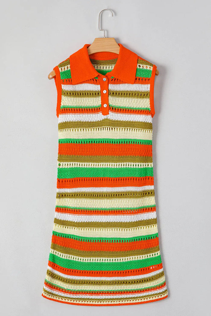 Yellow Stripe Eyelet Sleeveless Buttoned Split Neck Sweater Dress - S / 100% Acrylic - Sweaters & Cardigans/Sweater